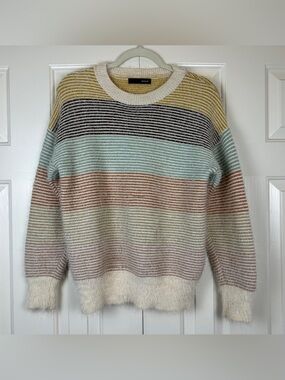 On Blue Striped Fuzzy Crewneck Sweater